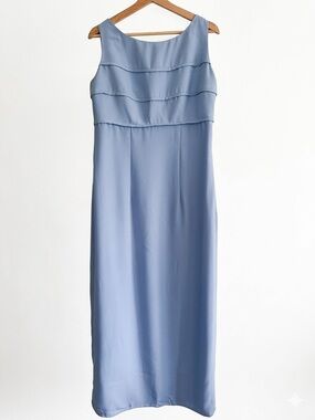 Watters And Watters 90s Vintage Blue Maxi  Sheath Dress with Bow Accents